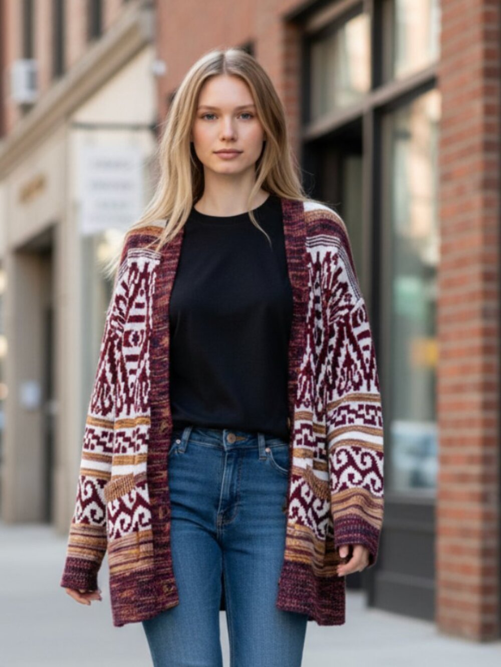 NWT Lucky Brand Jacquard Boyfriend Cardigan Oversized Sweater Red Multi